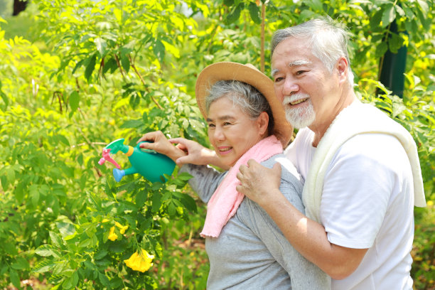 亚洲老年夫妇在后院室外拥抱的肖像。