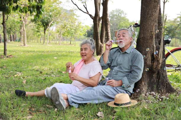 亚洲老年夫妇相互拥抱的肖像。