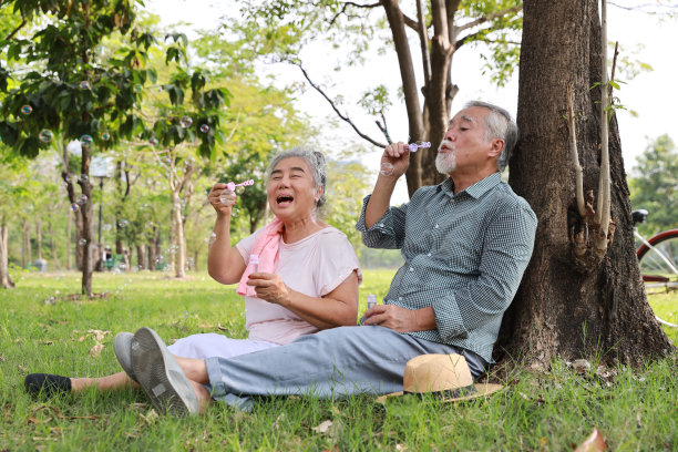 亚洲老年夫妇相互拥抱的肖像。