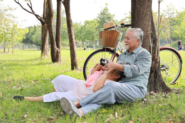 亚洲老年夫妇相互拥抱的肖像。