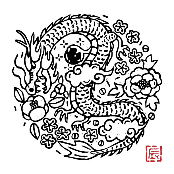 龙年,线条画,中国印章