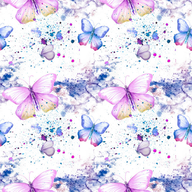 蓝白花卉蝴蝶图案素材