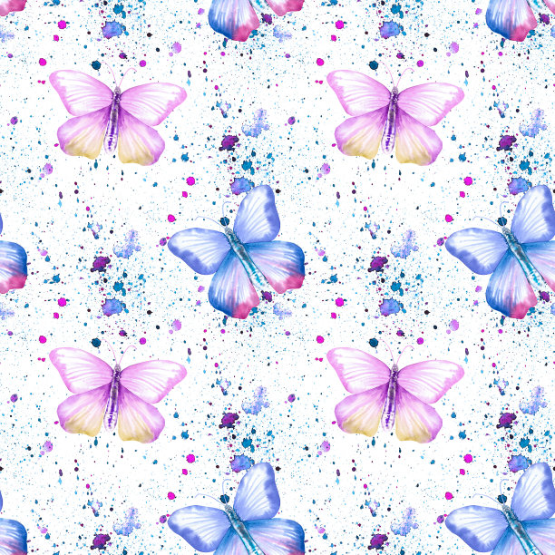 蓝白花卉蝴蝶图案素材