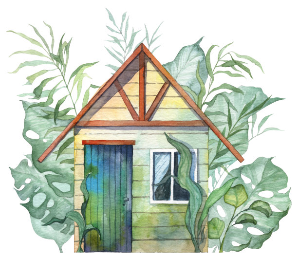 洋房绿植上的小房子