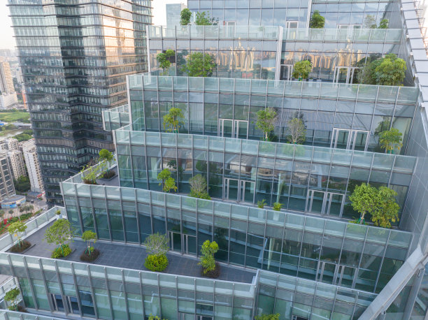 现代玻璃幕墙高楼与绿树