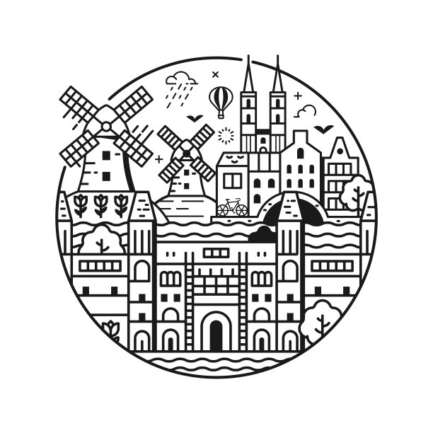 古镇轮廓插图