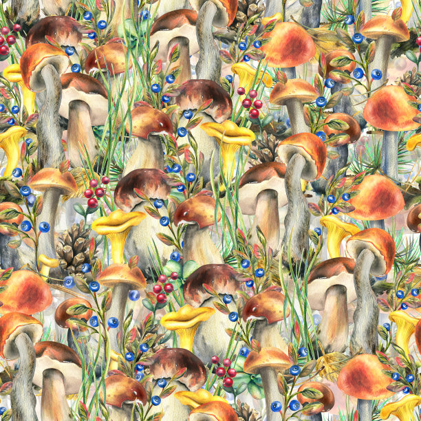 蘑菇四方连续印花图案