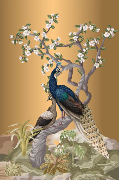 中式花鸟壁画