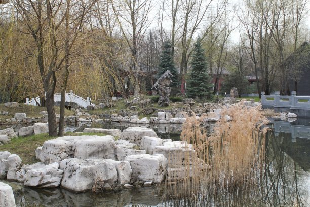 东方石景花园,池塘,亭台楼阁