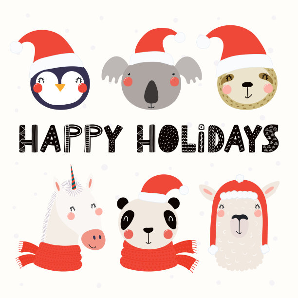 可爱动物圣诞字体插图
