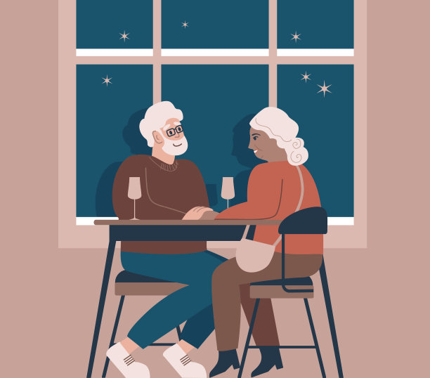 老年夫妇在咖啡厅相互交流