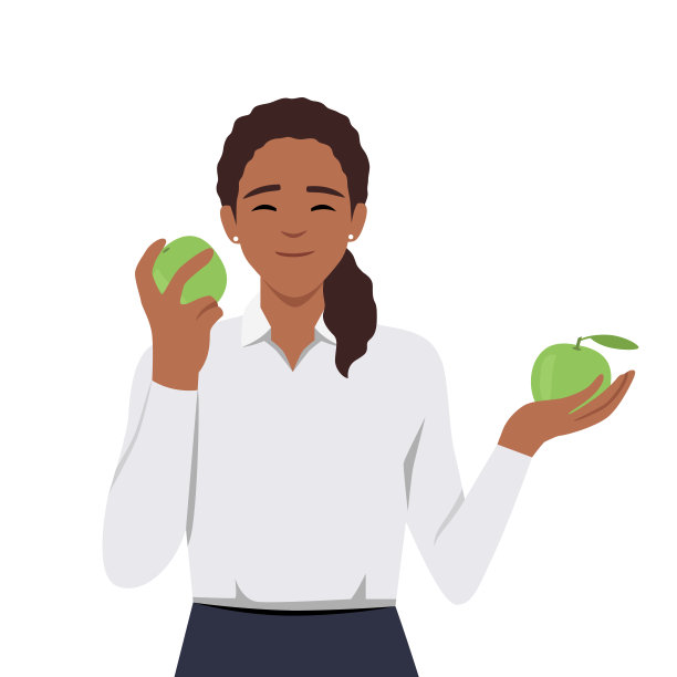 健康饮食，快乐女人吃苹果和梨