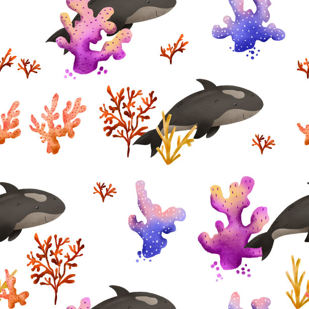 卡通海洋动物插画鲸鱼印花图案