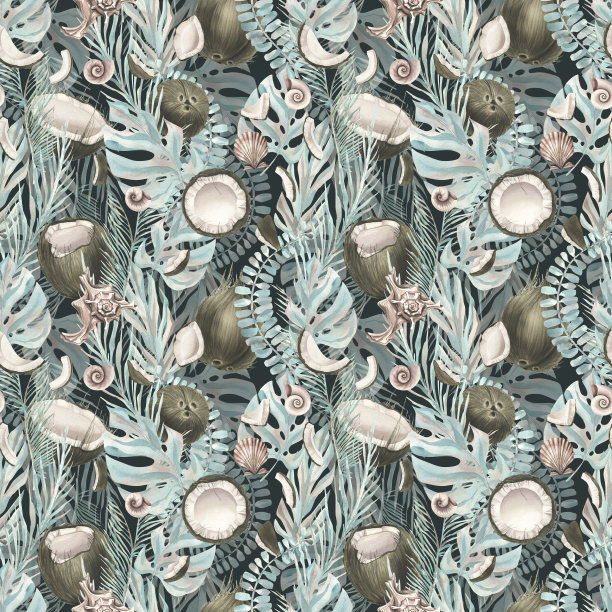 清新蓝绿棕榈叶图案背景