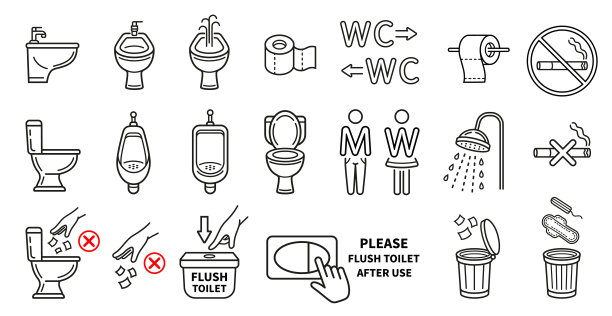 冲洗厕所,线图标,禁止的