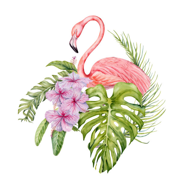 热带植物花鸟印花图案
