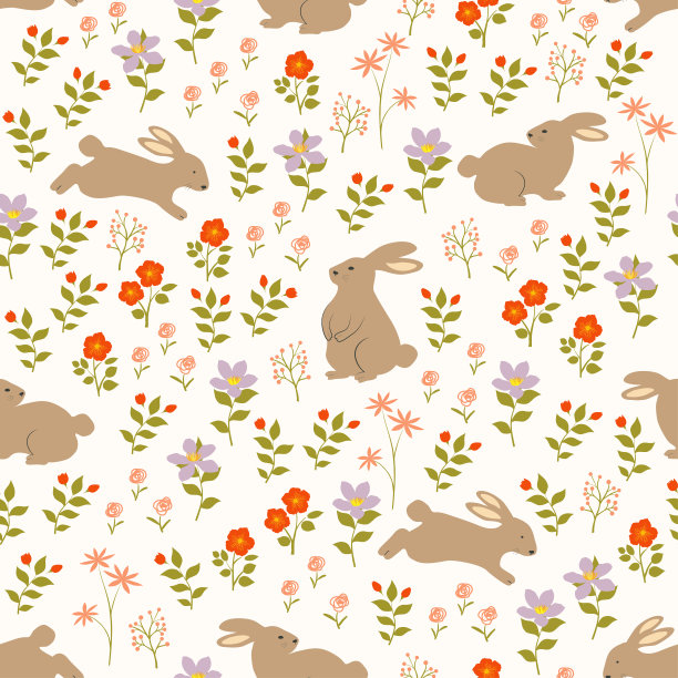 卡通兔子花朵印花图案四方连续