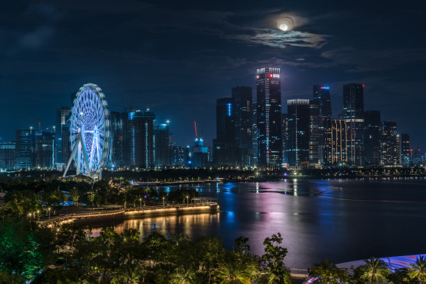 深圳城市风光夜景天际线摩天轮