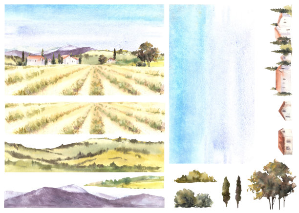 山水插画果园手绘