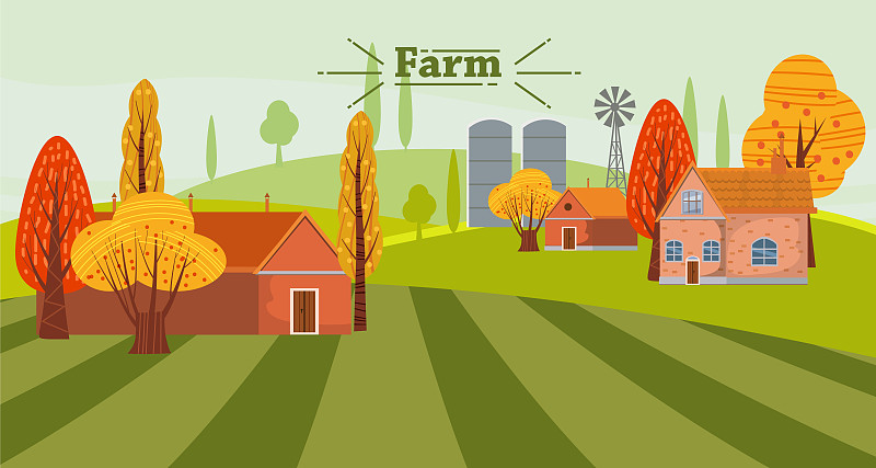 农业,环境,农场,绘画插图,房屋,矢量,地形,秋天,概念,可爱的