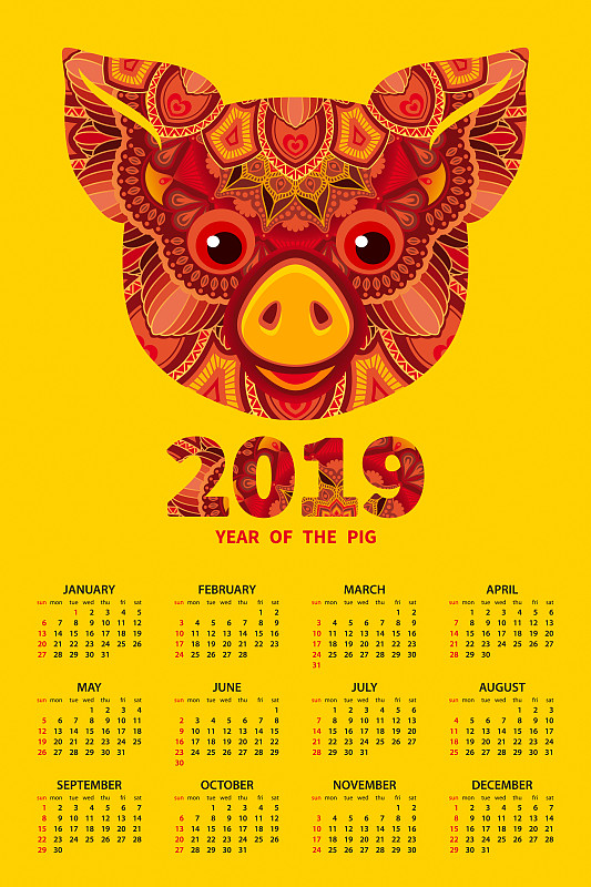 日历,2019,猪年,垂直画幅,褐色,新的,艺术,绘画插图,传统,符号