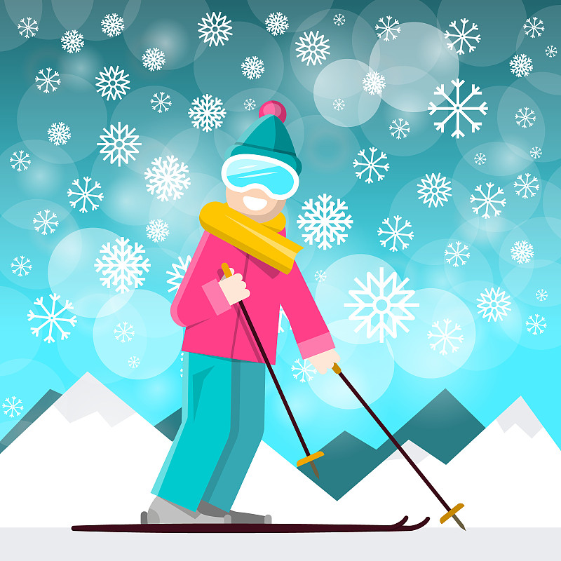 滑雪运动,天空,新的,雪,绘画插图,卡通,白色,冬天,雪花,成年的