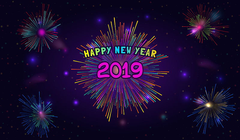 贺卡,明亮,矢量,2019,背景,多色的,新年前夕,照明设备,星形,祝贺