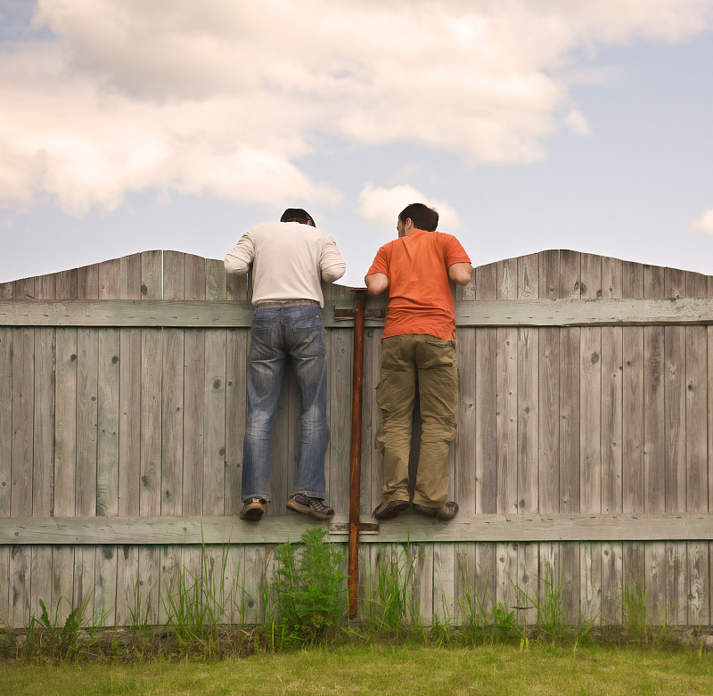 篱笆,两个人,男孩,爱探听私事的,栅栏,围墙,墙,青少年,留白,青春期