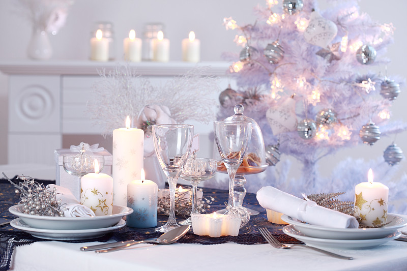 晚餐,餐位,餐具,水平画幅,无人,圣诞树,白色,彩色图片,餐巾