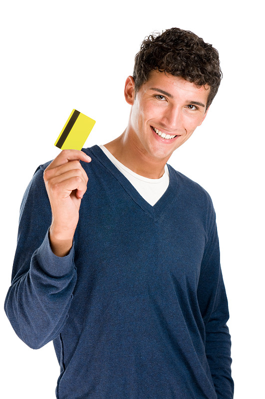 信用卡,青年男人,拿着,黄色,信用卡购物,垂直画幅,青少年,电子商务,男性,仅男人