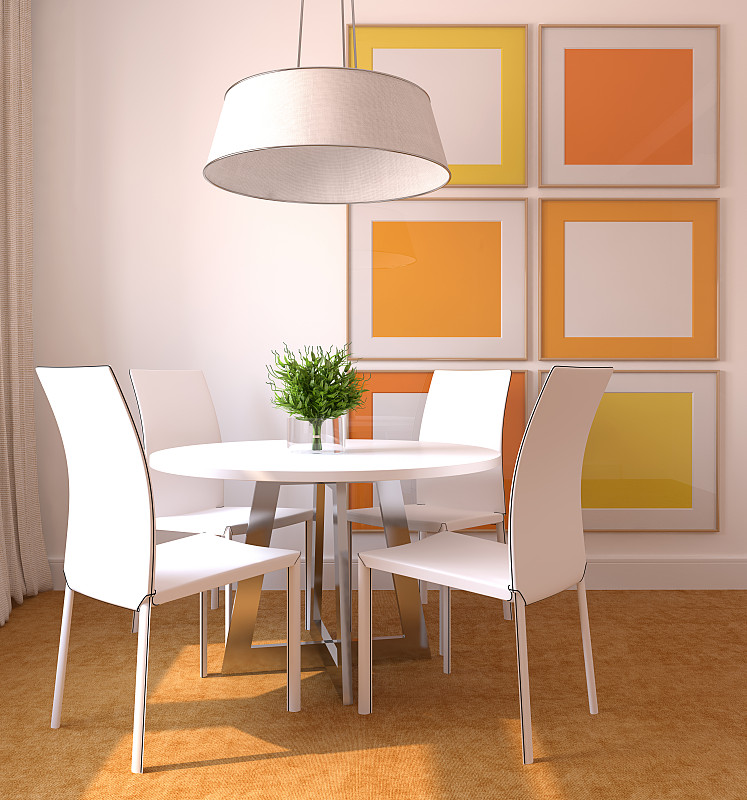 现代,白色,饭厅,橙色,住宅内部,垂直画幅,座位,形状,无人,椅子
