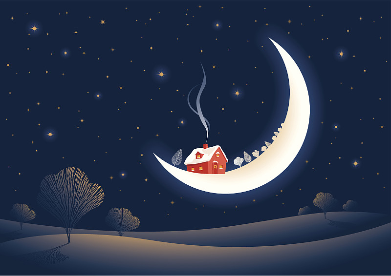 Christmas,moonlit,landscape,with,Santa’s,red,house,on,the,Moon.,Vector,illustration.,Includes,high,resolution,JPG.