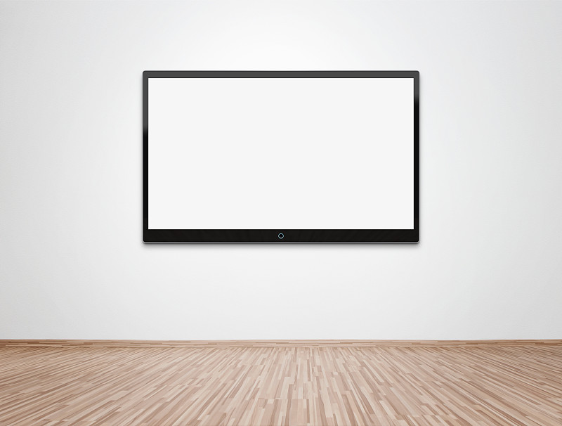 白色,墙,悬挂的,电视机,正面视角,留白,新的,硬木地板,现代,技术