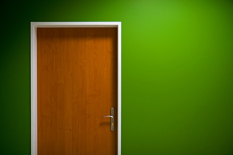 门,木制,绿色背景,关闭的,办公室,褐色,洞,边框,水平画幅,墙