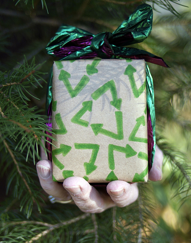环境,圣诞包装纸,循环符号,循环利用,可回收材料,垂直画幅,牛皮纸,绿色