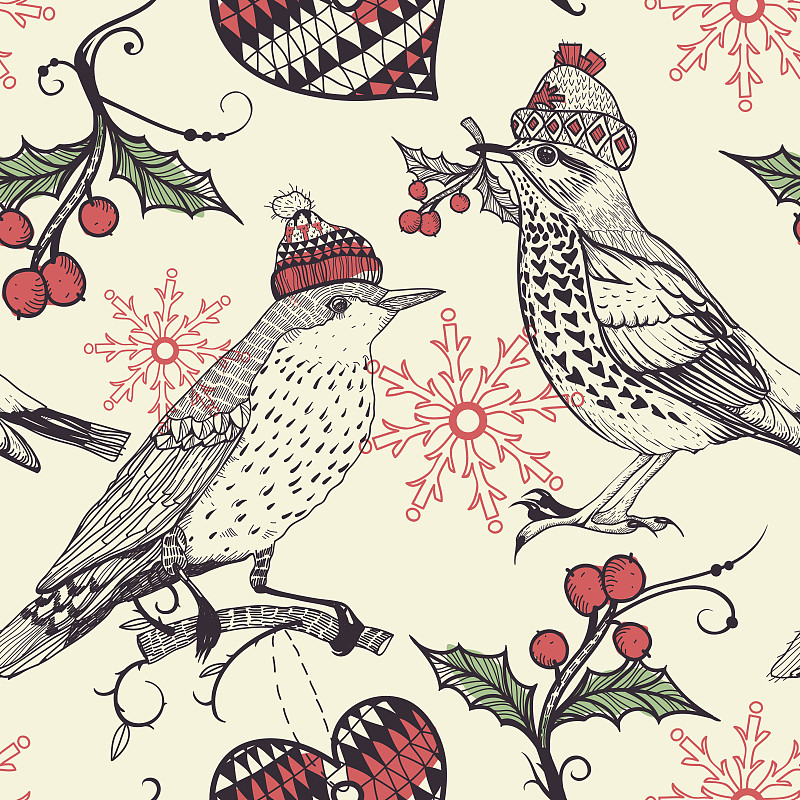 鸟类,四方连续纹样,矢量,绘画插图,雪,无人,圣诞装饰物,新年,新年前夕