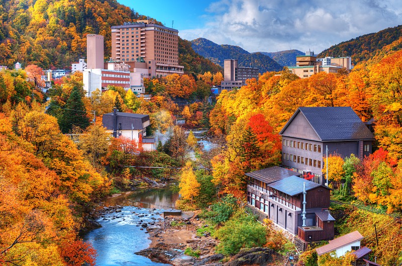 秋天,日本,平衡折角灯,远景,度假胜地,水平画幅,无人,城镇,温泉,北海道