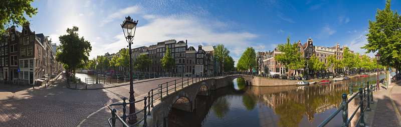 运河,荷兰,阿姆斯特丹,水,天空,水平画幅,连栋房屋,无人,市区路,当地著名景点