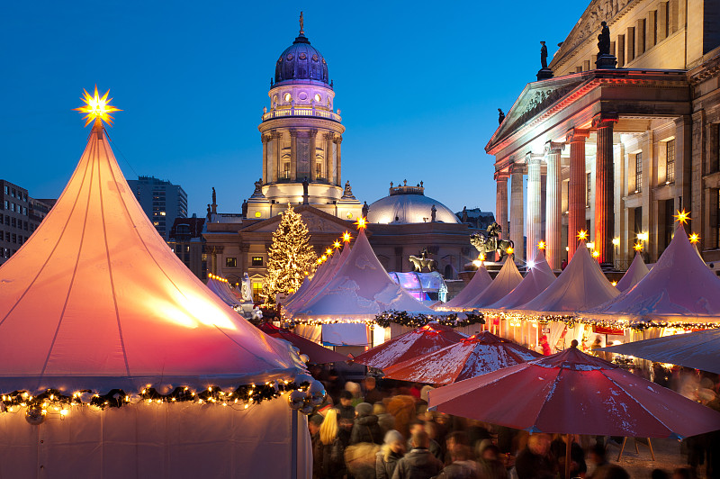 圣诞市场,柏林,水平画幅,夜晚,雪,圣诞树,曙暮光,货摊