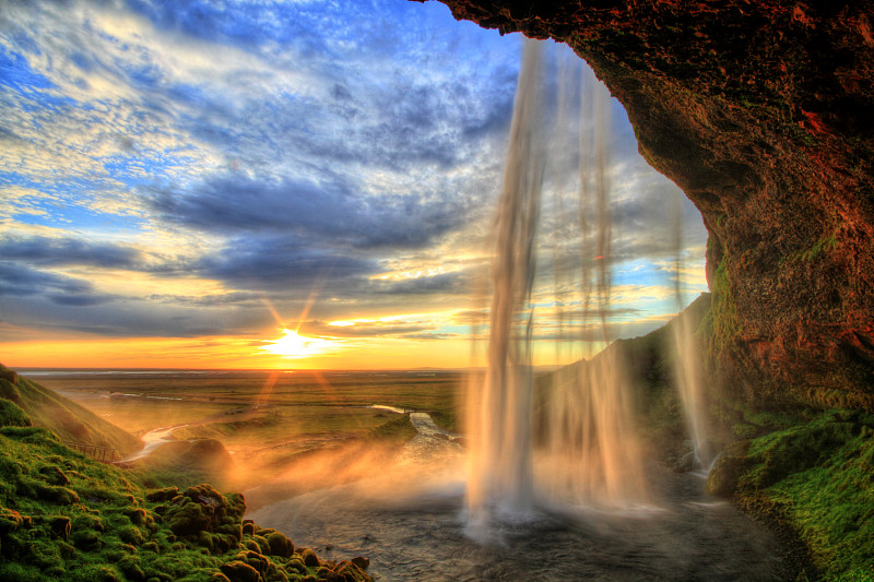 瀑布,冰岛国,高动态范围成像,水,天空,水平画幅,在之后,巨大的,户外,草