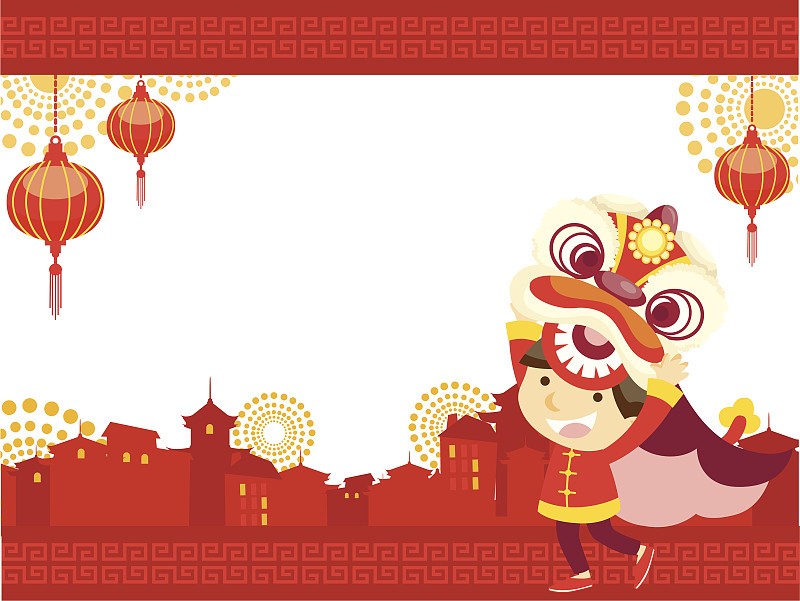 新年前夕,狮子舞蹈,春节,灯笼,放焰火,红色,传统节日,节日,男孩,儿童