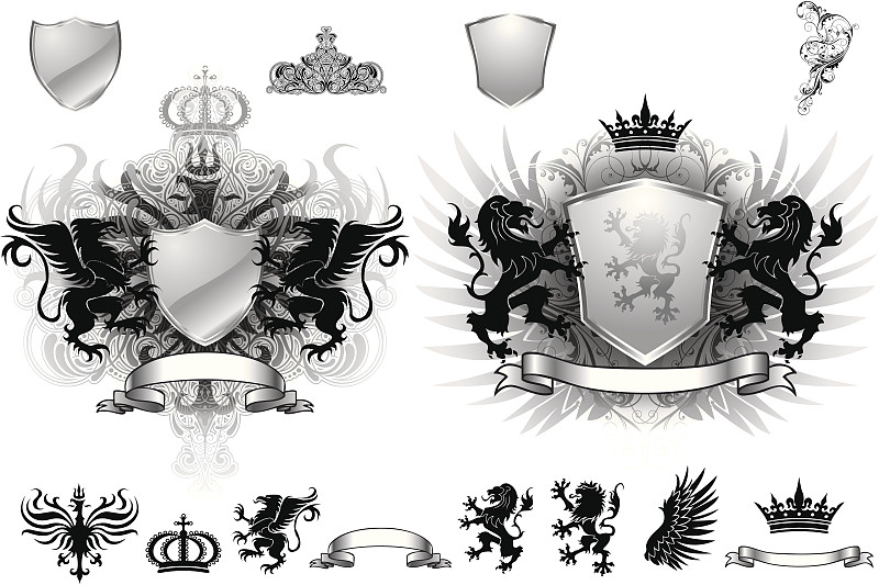 灰色,遮护的手势,盾,狮身鹫首怪兽,狮子,动物的冠,动物嘴,绘画插图,古老的,巴洛克风格