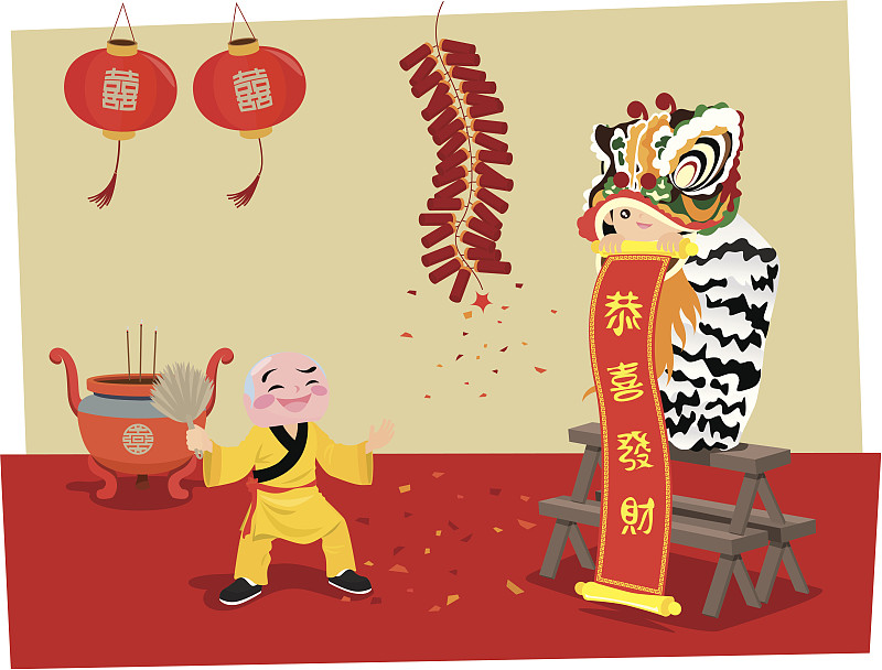 狮子舞蹈,灯笼,绘画插图,熏香,卡通,春节,放焰火,传统节日