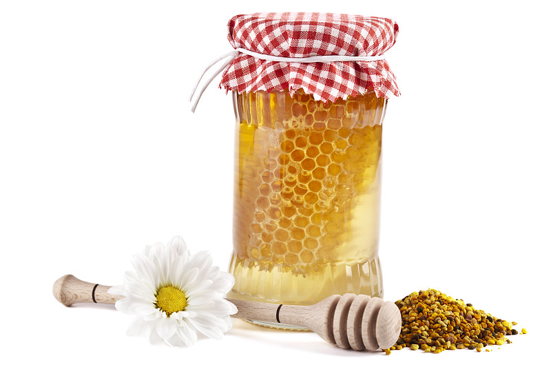 蜂蜜,蜂蜜汲取器,糯米面包,甘菊花,留白,褐色,水平画幅,无人,玻璃,生食