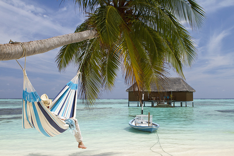 吊床,海滩,悬挂的,马尔代夫,棕榈树,珊瑚岛,水,沙子,健康,旅行者