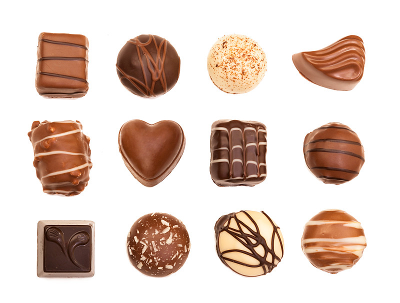 雪花巧克力,多样,巧克力,糖果,白巧克力,情人节,牛奶巧克力,黑巧克力,白色背景,褐色