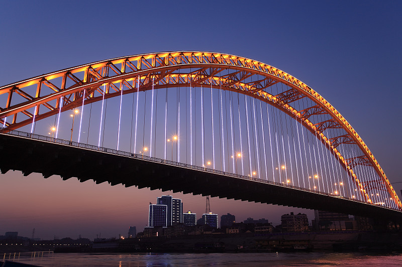 拱桥,湖北省,长江,铁路桥,水,天空,夜晚,当地著名景点,光亮,曙暮光
