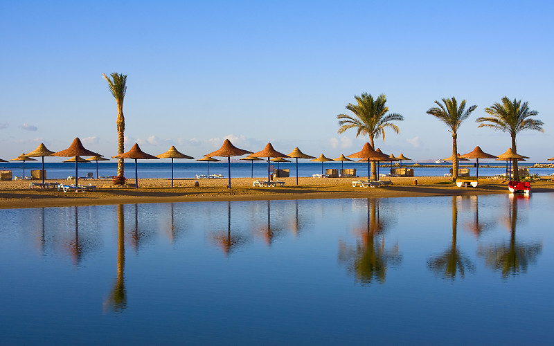 埃及,地形,海岸线,遮阳伞,棕榈树,水,天空,沙滩椅,水平画幅,沙子