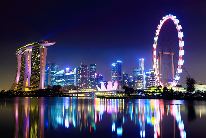 夜晚,城市天际线,新加坡市,湖,水平画幅,新加坡,建筑,无人,户外,城市