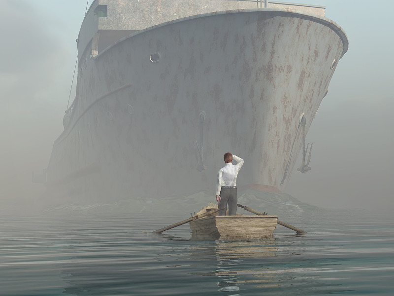 看,船,男人,血管,水,未来,客船,水平画幅,巨大的,船碰撞